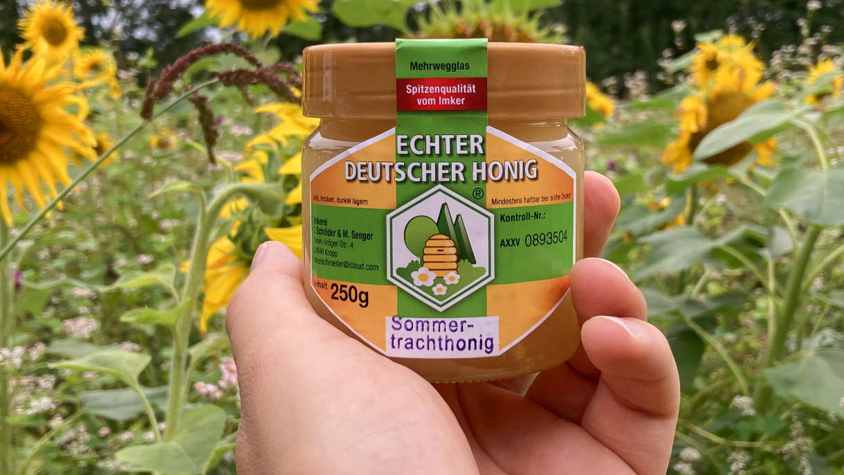 Aufnahme von einem Glas Honig in einer Hand vor einer Blühwiese.